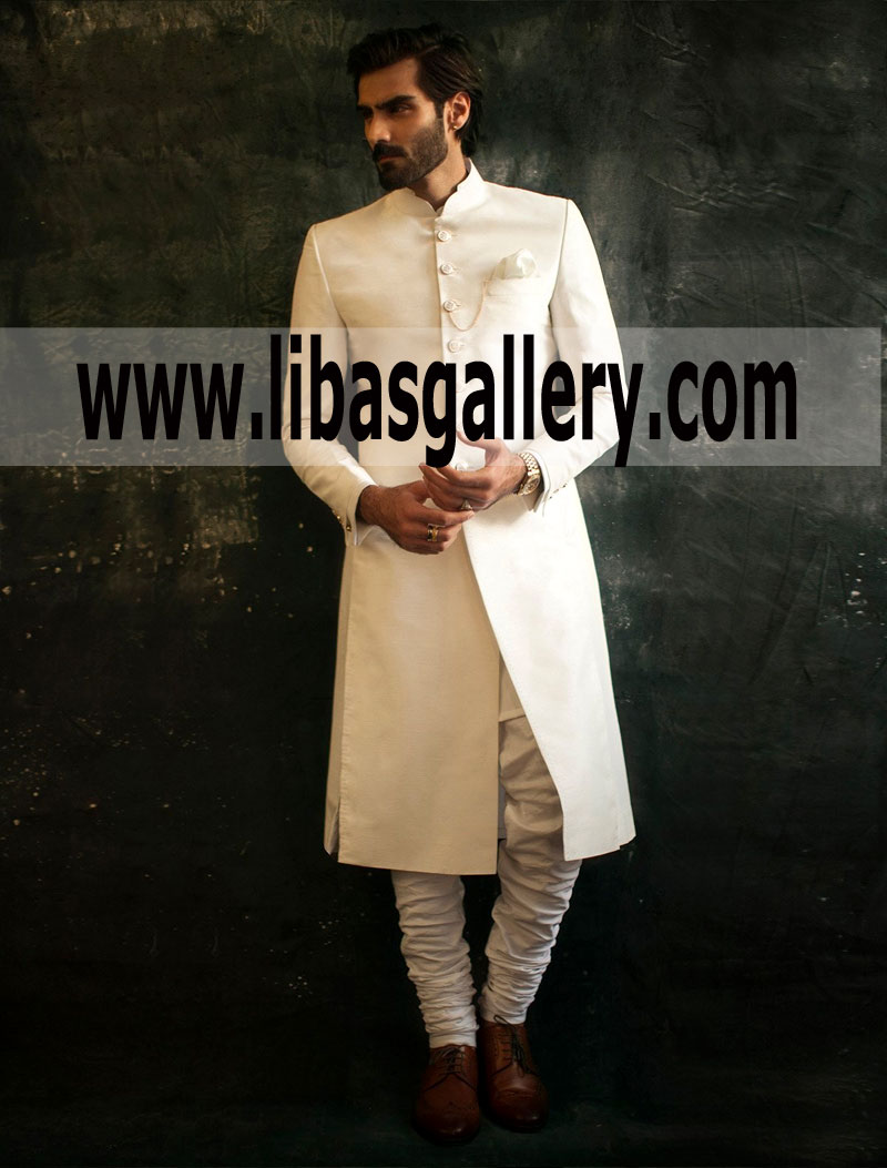 Winter Season Wedding Sherwani Ismail Farid White High Quality Raw Silk Fabric UK USA Canada Dubai Australia  