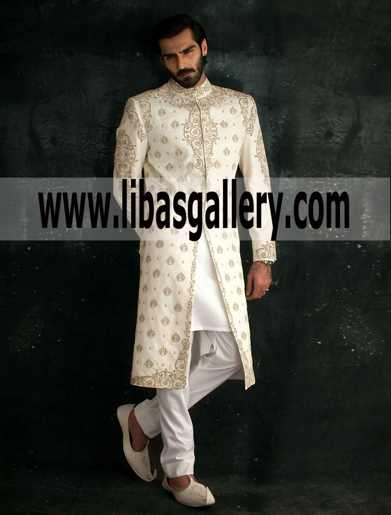 Off White Raw Silk Embroidered Groom Wedding Sherwani hats off