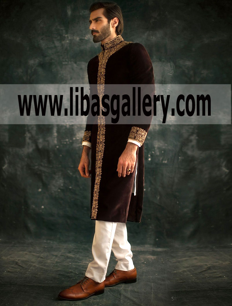 Velvet Wedding Sherwani Deep Maroon Color for Shy Groom Dulha 