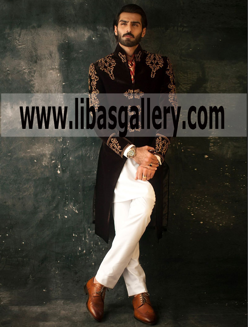 Maroon Embroidered Velvet Wedding Sherwani for Modern Groom Dulha
