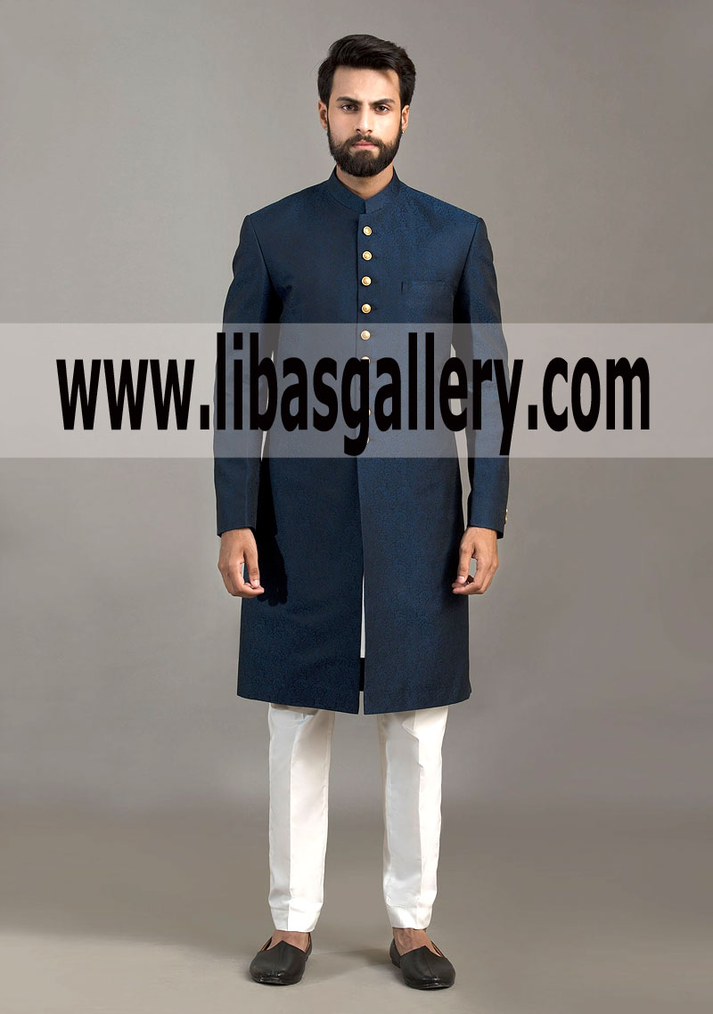 Jamawar Twilight Amir Adnan Blue Classic Fit Wedding Sherwani Groom New york Chicago USA