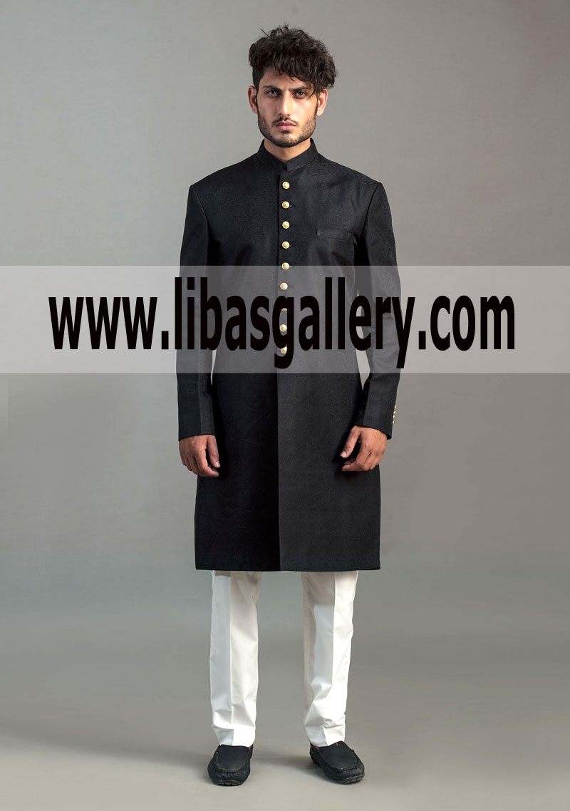 Latest Jamawar Black Classic Fit Sherwani for Wedding