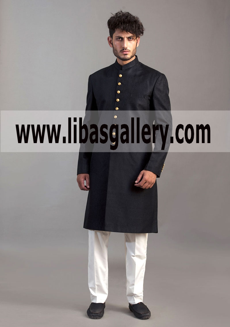 Latest Jamawar Black Classic Fit Sherwani for Wedding