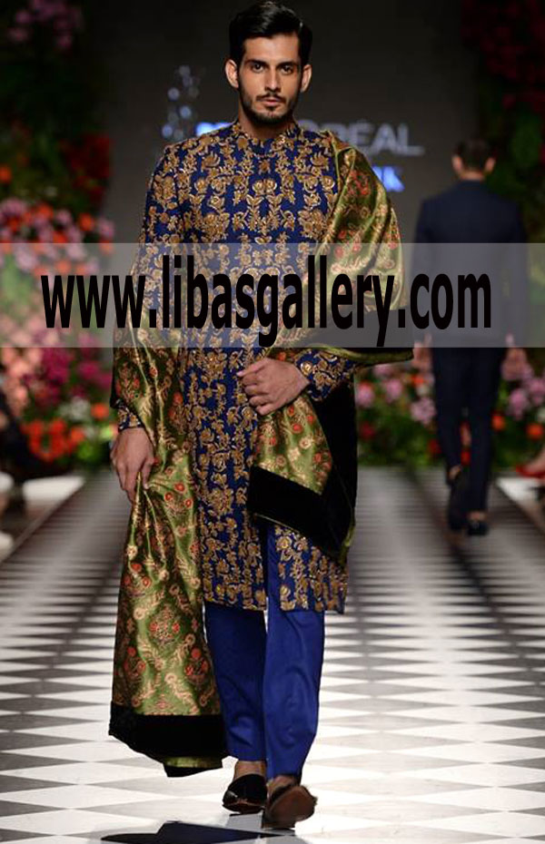 Blue Sherwani Wedding front all over Embellishment shawl on additional price phoenix Arizona US