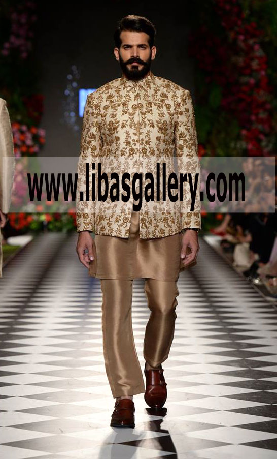 Short length Sherwani with Gold kurta Pajama inner