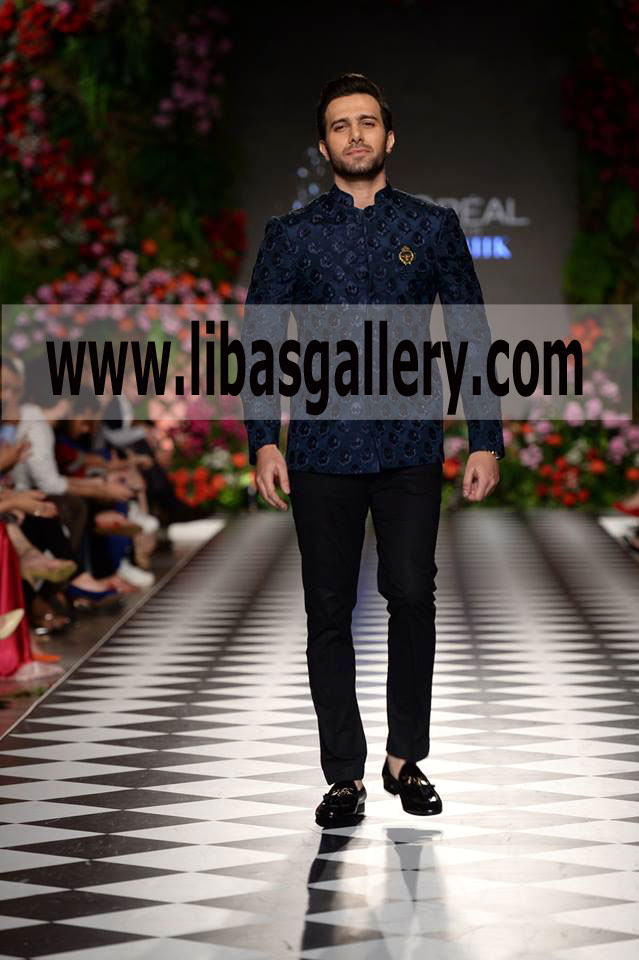 Blue Short length ido western Style Sherwani for Men