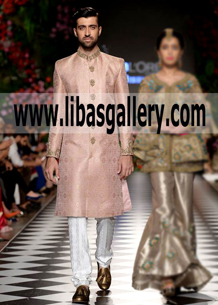 Jamawar wedding sherwani groom dulha wearing Nikah shadi work collar sleeves fancy button Pakistani Sherwani