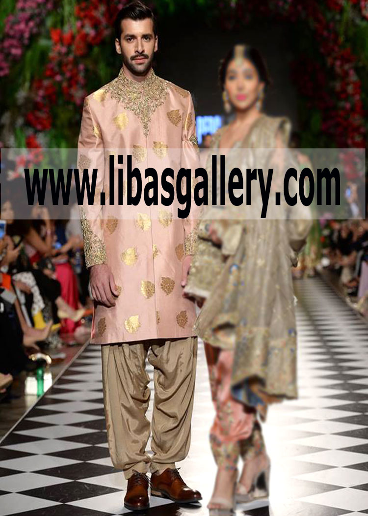 Jamawar sherwani for nikah shadi groom feeling proud with bride on ramp stage showing Pakistani sherwani perth Australia