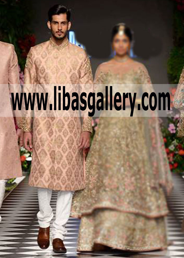 Shy Groom in Wedding Sherwani Namak Paray Printed Jamawar 