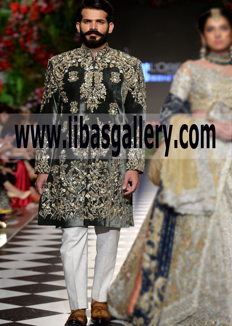 Black sherwani for groom heavy worked on front sleeves collar Pakistani wedding sherwani Toronto Ottawa Canada