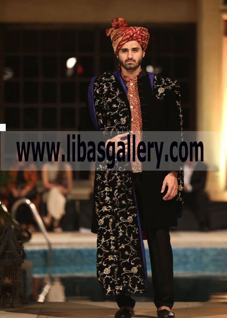 Black Velvet Sherwani Embroidered Groom Wedding Turban 