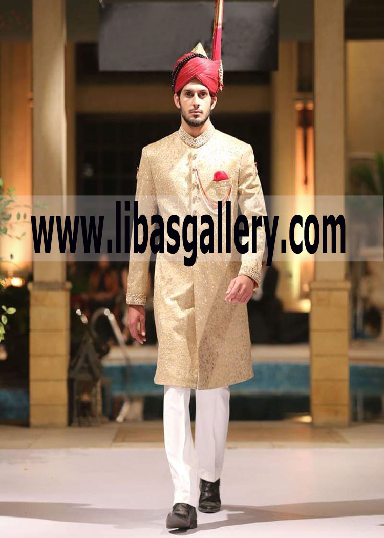 Jamawar Nikah Sherwani Punjabi Style Turban Bright Color