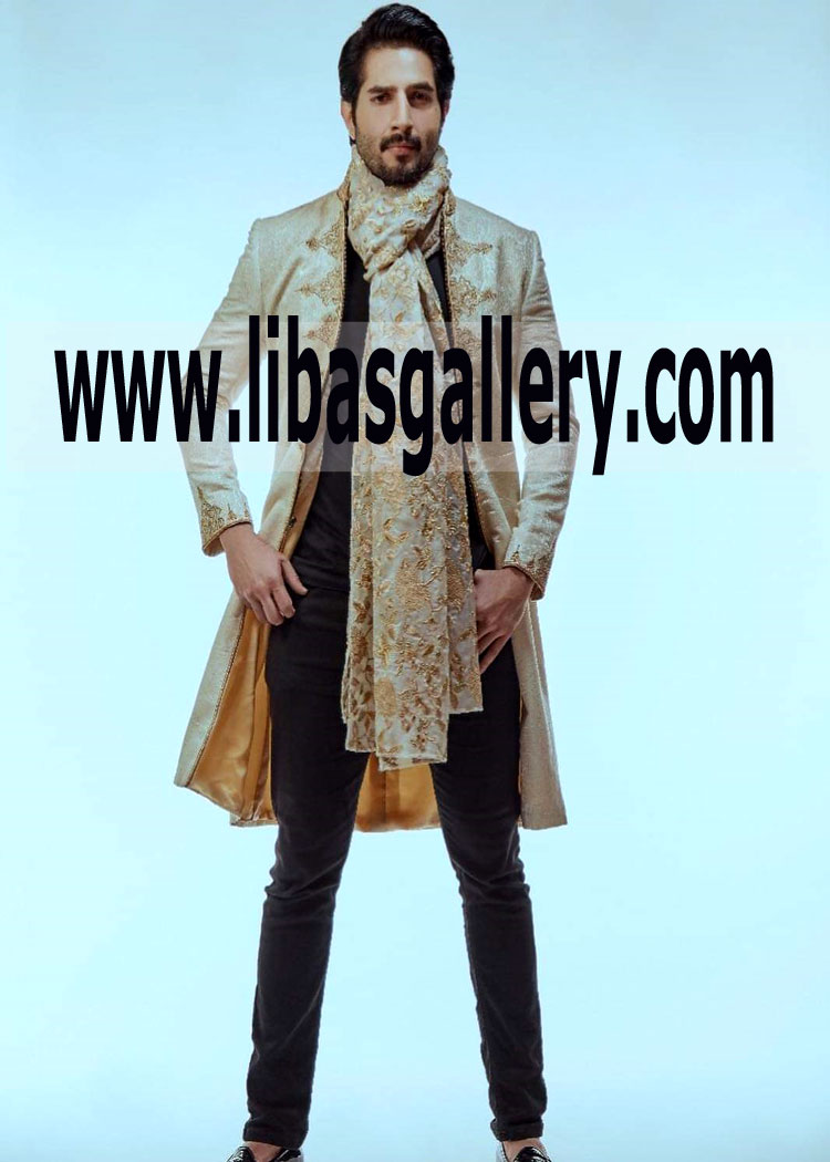 Light shade Jamawar Wedding Sherwani for Modern Stylish Groom Dulha Maula jutt UK USA UAE Germany France