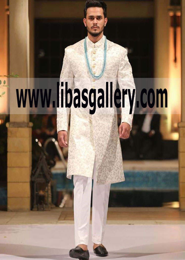 Off White sherwani Jamawar Banarsi Royal Groom Dulha