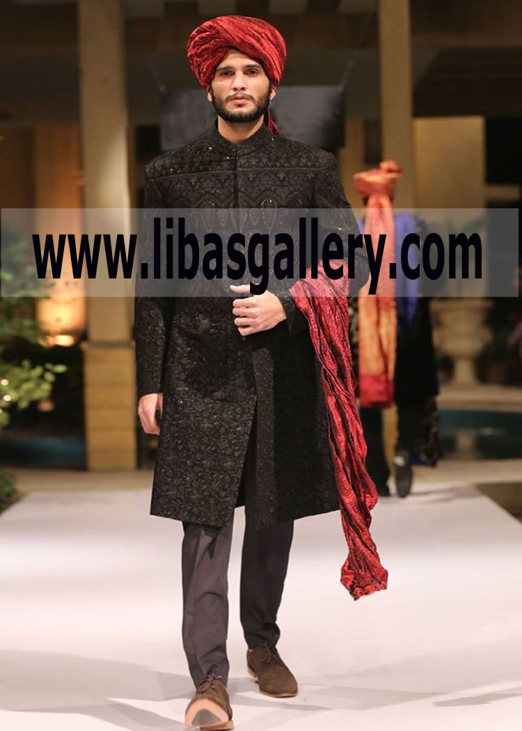 Black Embroidered Sherwani for Barat Day Groom Dulha
