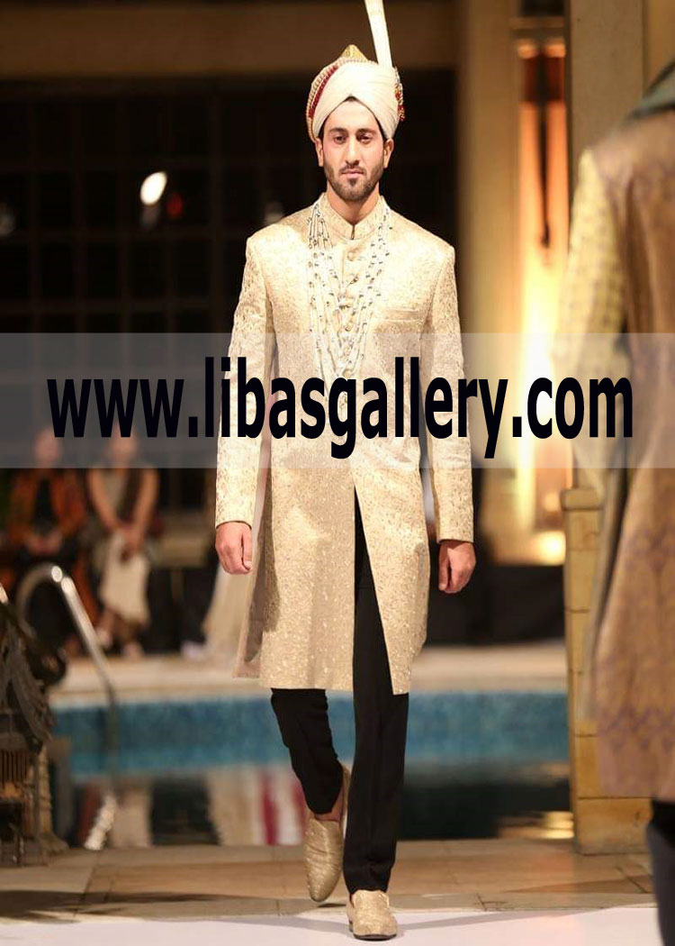 Jamawar Sherwani light Shade Black Pajama for Groom 