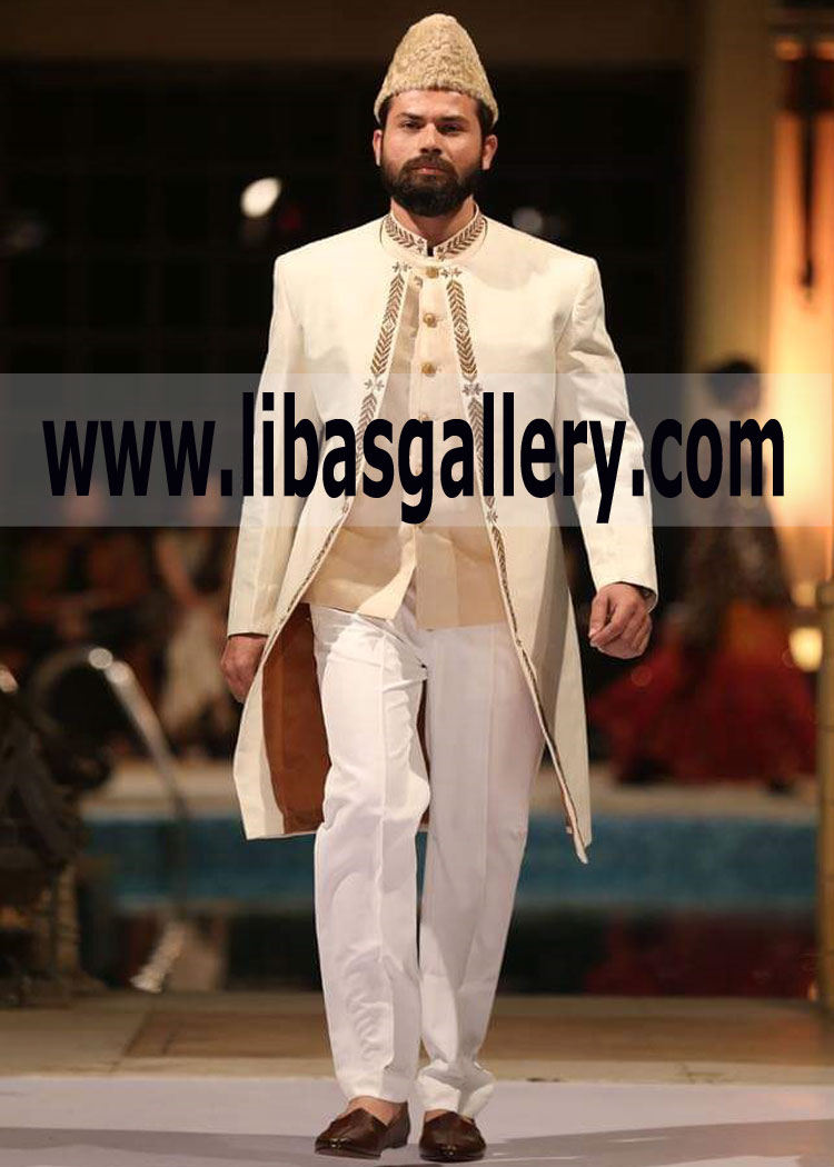 Wedding Sherwani off white Jinnah Cap Groom Wearing