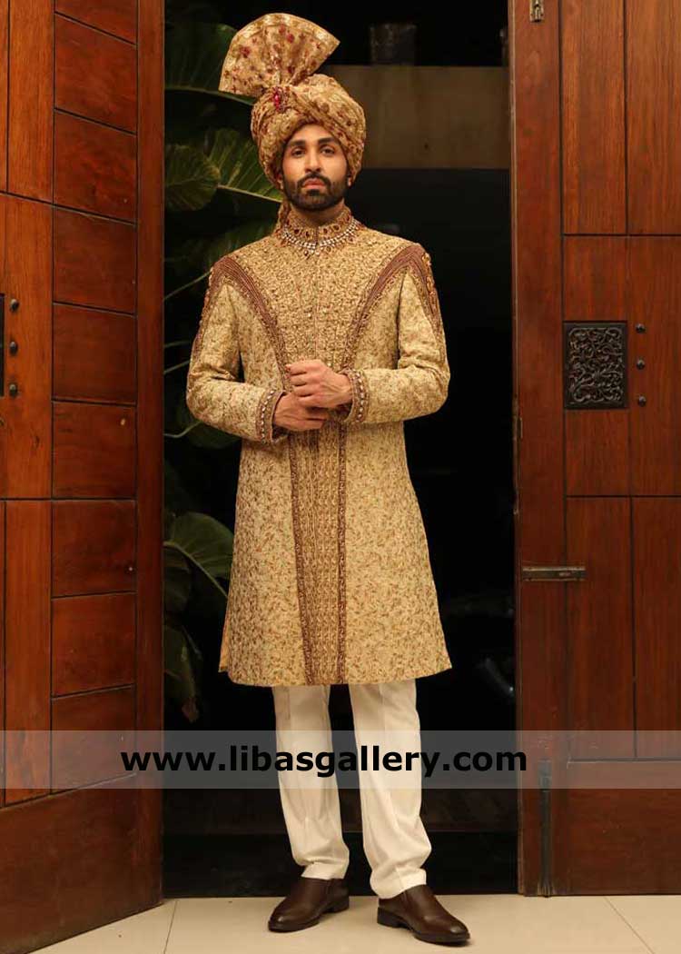 Groom Jamawar Premium Gold Sherwani, Hand embellished Gold Sherwani for wedding UK USA Canada