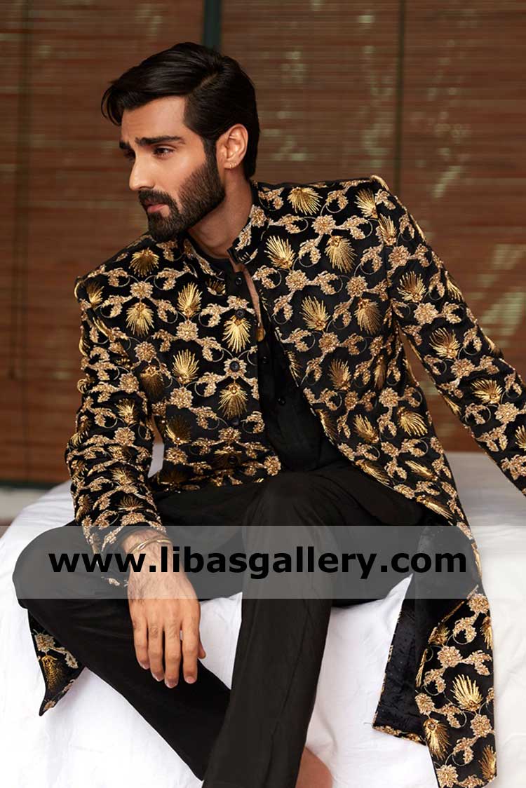 Black Velvet Groom Sherwani with Gold Embroidered surface