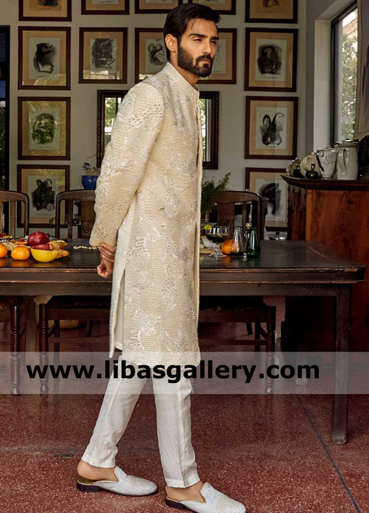Pearl White Exclusive Men Wedding Sherwani Suit