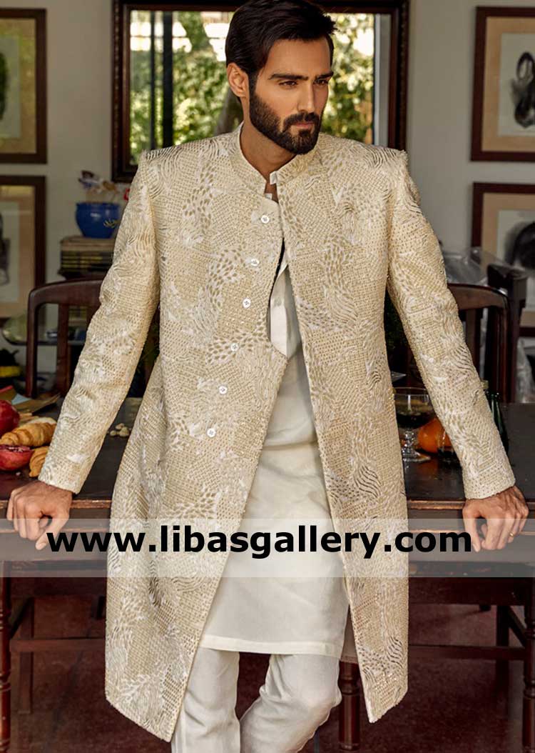 Pearl White Exclusive Men Wedding Sherwani Suit