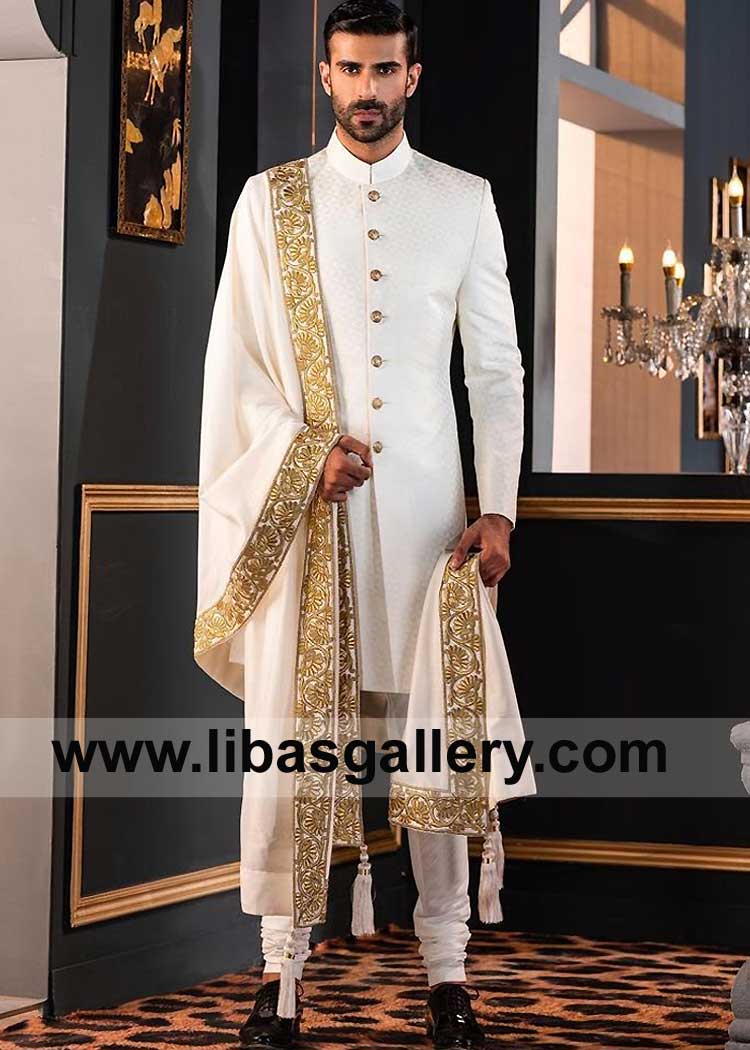 Unique off white self jamawar Groom wedding Nikah barat sherwani style paired with embroidered shawl and inner suit