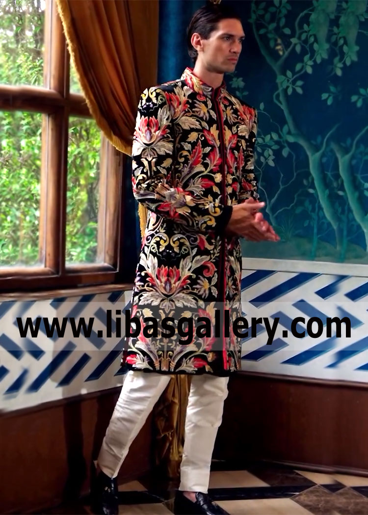 Latest Multi colored Wedding Jacket for Groom with White Kurta Pajama Inner Suit wedding Gents cloths Belfast Derby Plymouth London UK