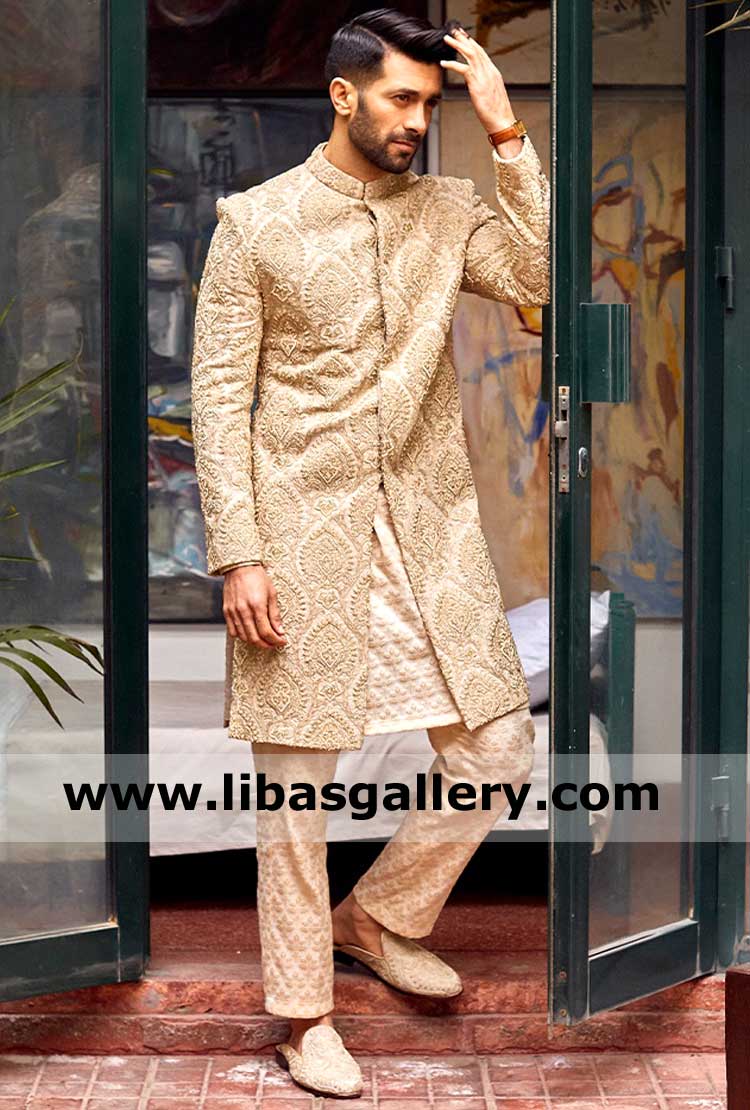 Latest Men Sherwani beige for wedding with Damask Embroidered pattern