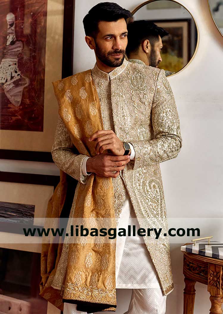 Premium off white Men Latest Wedding Sherwani Style with Gold heavy embroidered surface in Small to XXL Sizes for Wedding Dubai Abu Dhabi UAE