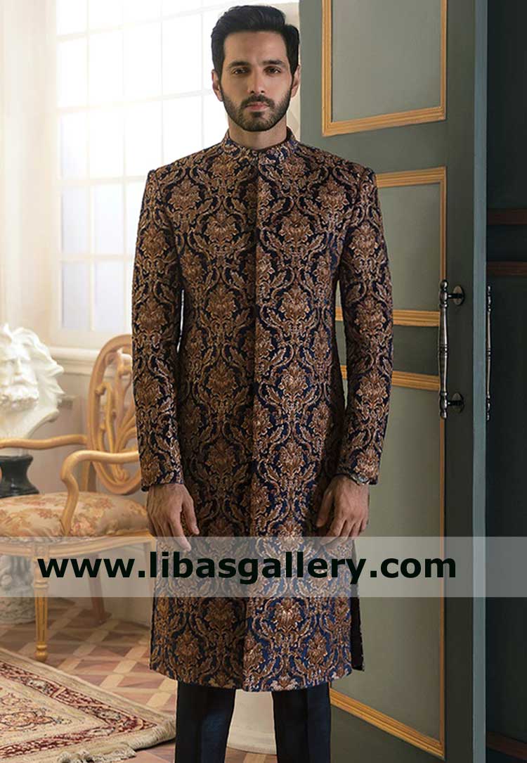 Blue Damask Hand Embellished Velour Fabric Sherwani for Men