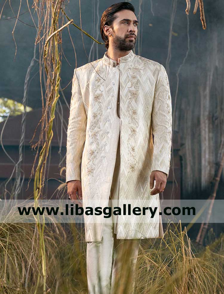 Men Sherwani Off White Chevron Embroidery With Floral Hand Embroidered Motif On Jamawar Fabric