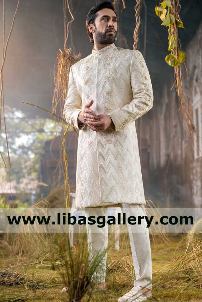 Men Sherwani Off White Chevron Embroidery With Floral Hand Embroidered Motif On Jamawar Fabric