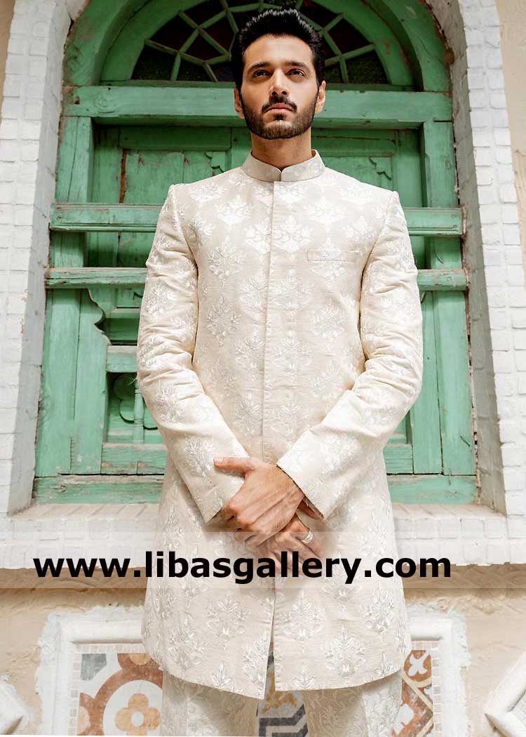 Pearl White Embroidered Men Wedding Sherwani Suit