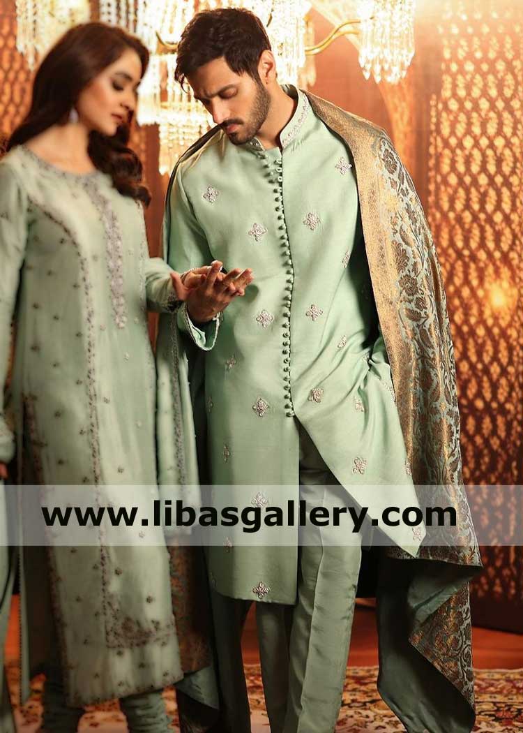 Pista Green Embroidered Celebrity Murtasim Meerub Hamza Men Sherwani Suit