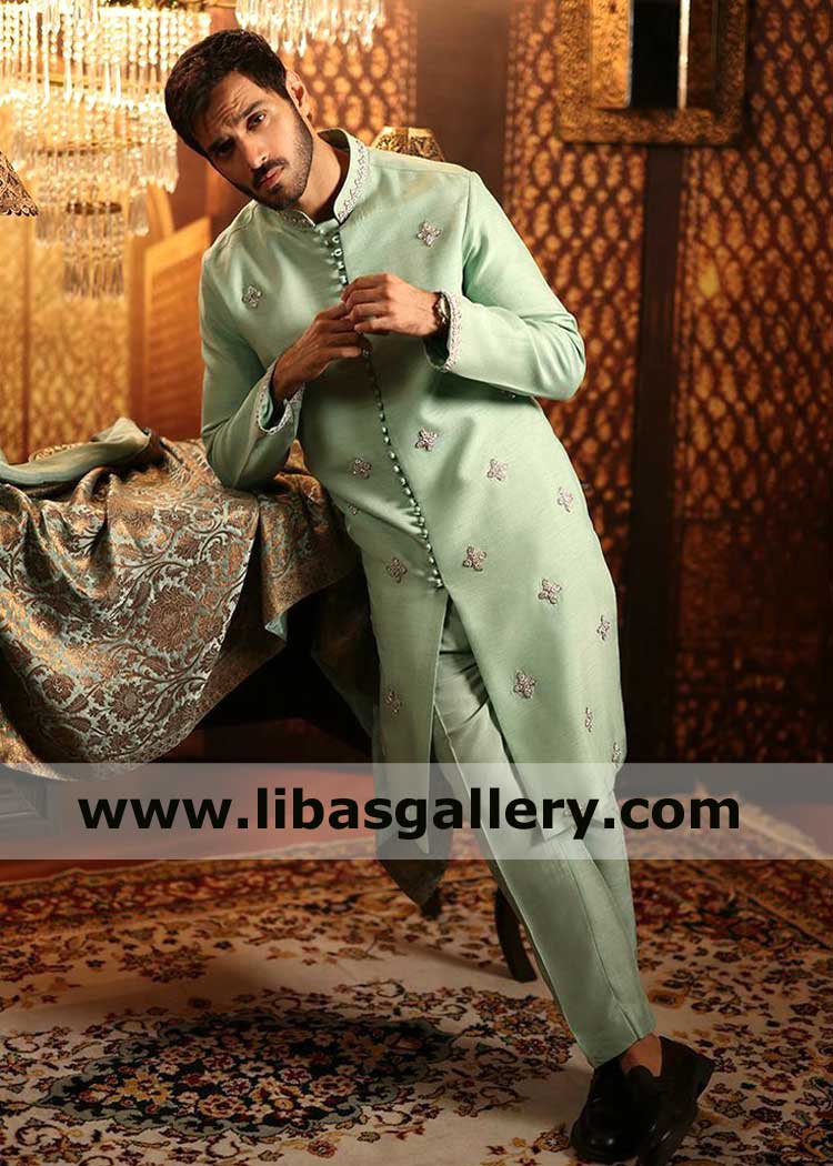 Pista Green Embroidered Celebrity Murtasim Meerub Hamza Men Sherwani Suit