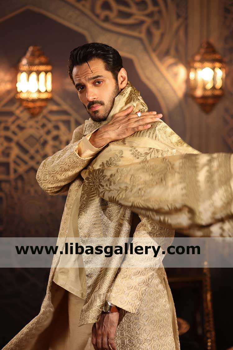 Gold Beige Raw Silk Regal Charming Men Wedding Sherwani
