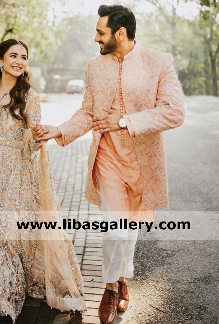 Men Embroidered Peach Pink Wedding Sherwani Suit