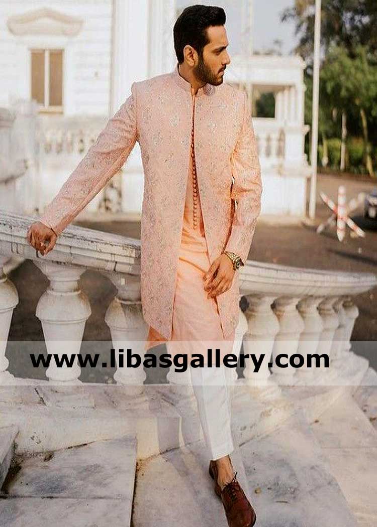 Men Embroidered Peach Pink Wedding Sherwani Suit
