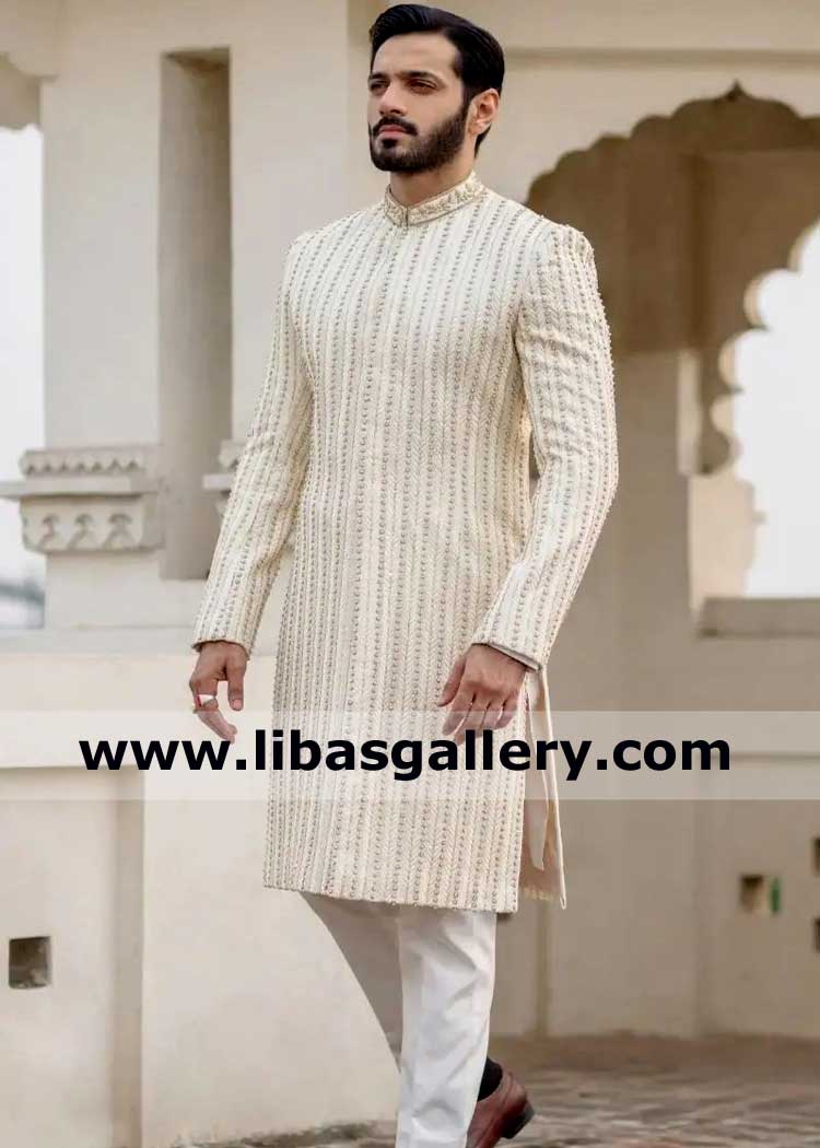 Men Embroidered Sherwani off white Agha for Wedding Event