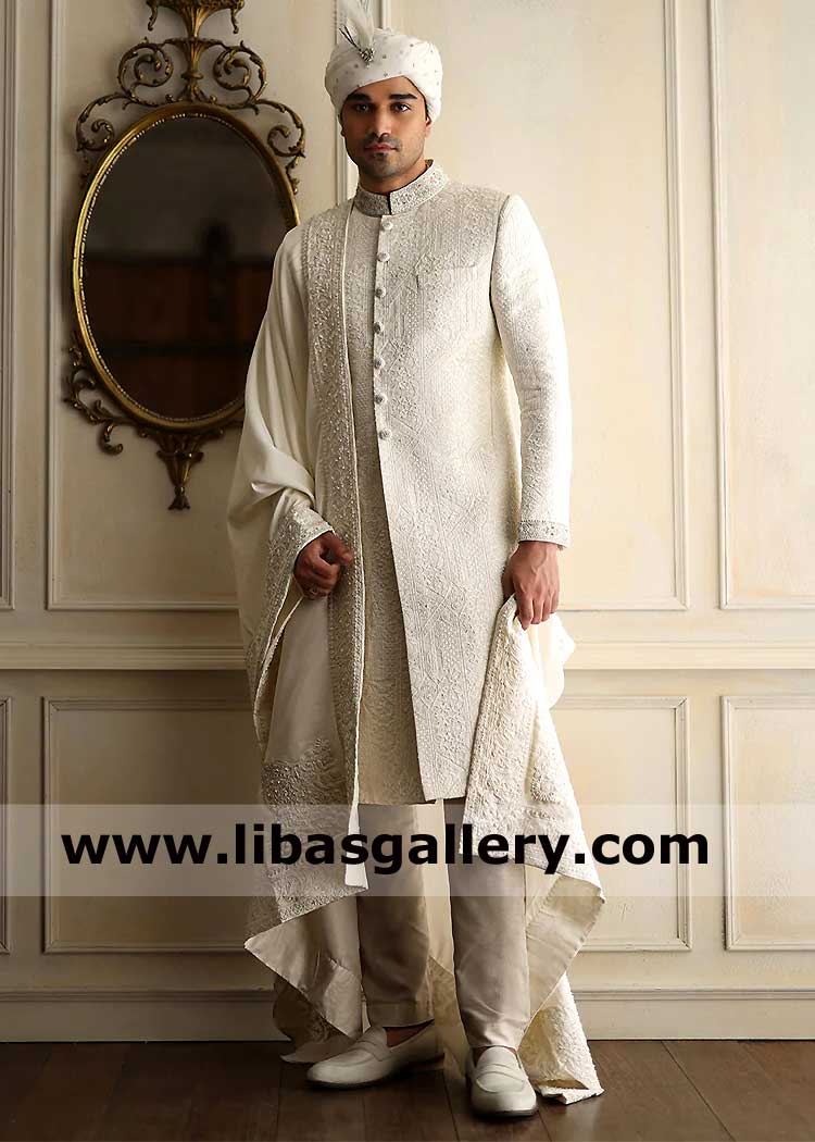 Off White Self Embroidered Classic Men Sherwani Suit