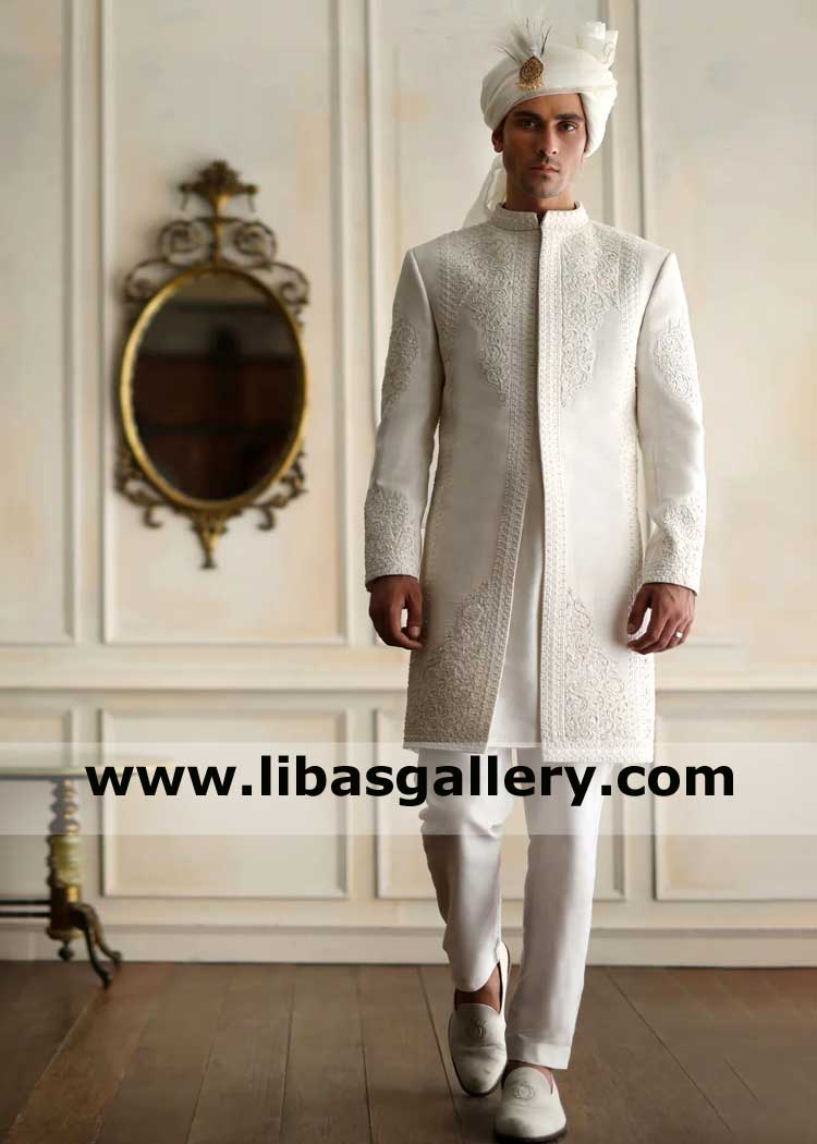 Short length indo western style Men Pakistani Nikah Sherwani in Off White with Heavy Self Embroidery by Tajima Machine Plymouth Luton Wolverhampton UK