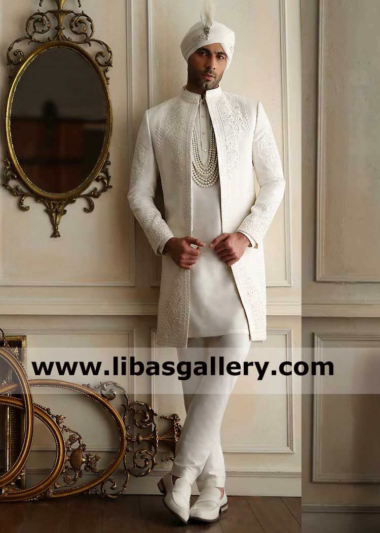 Men Nikah Sherwani in Off White with Heavy Self Embroidery