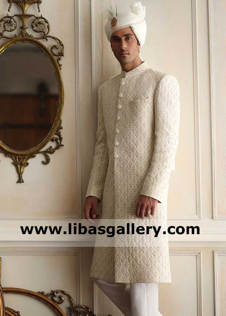 Off White Heavy Embroidered Men Marriage Sherwani