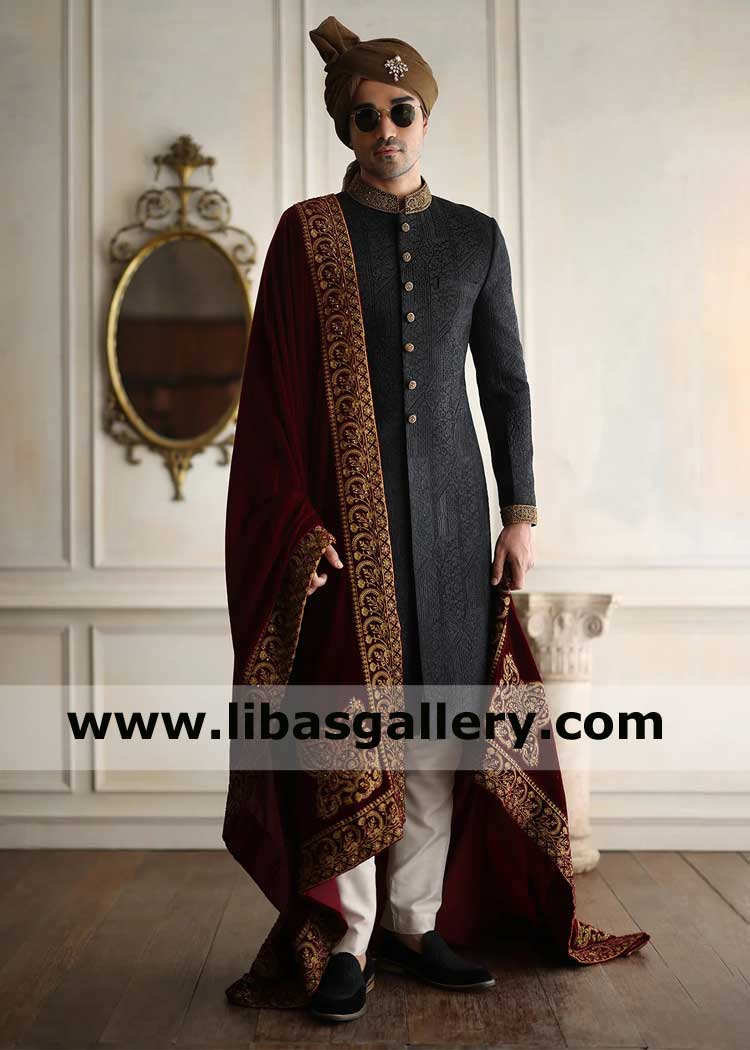 Black Self Embroidered Men Haute Couture Sherwani