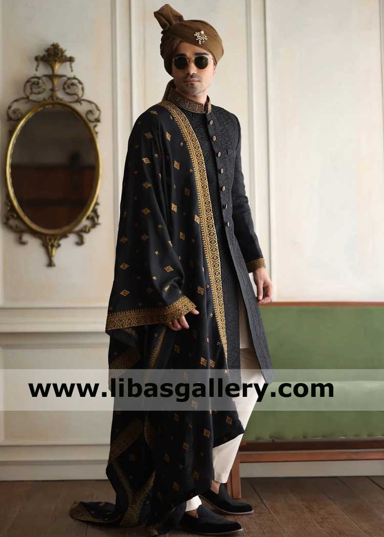 Black Self Embroidered Men Haute Couture Sherwani