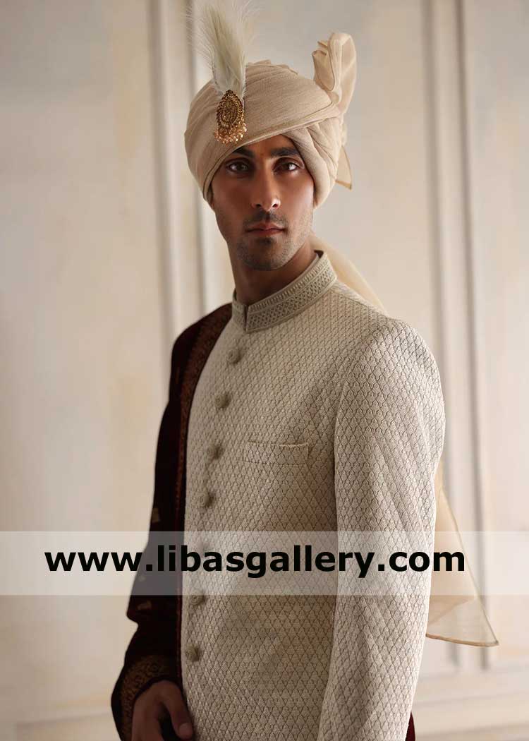 Groom light beige Embroidered Wedding Sherwani Style for Nikah