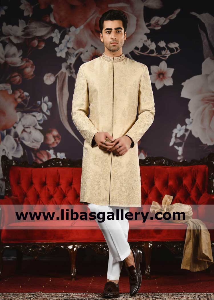 Indo Western Style Gold Jamawar Men Marriage Sherwani suit