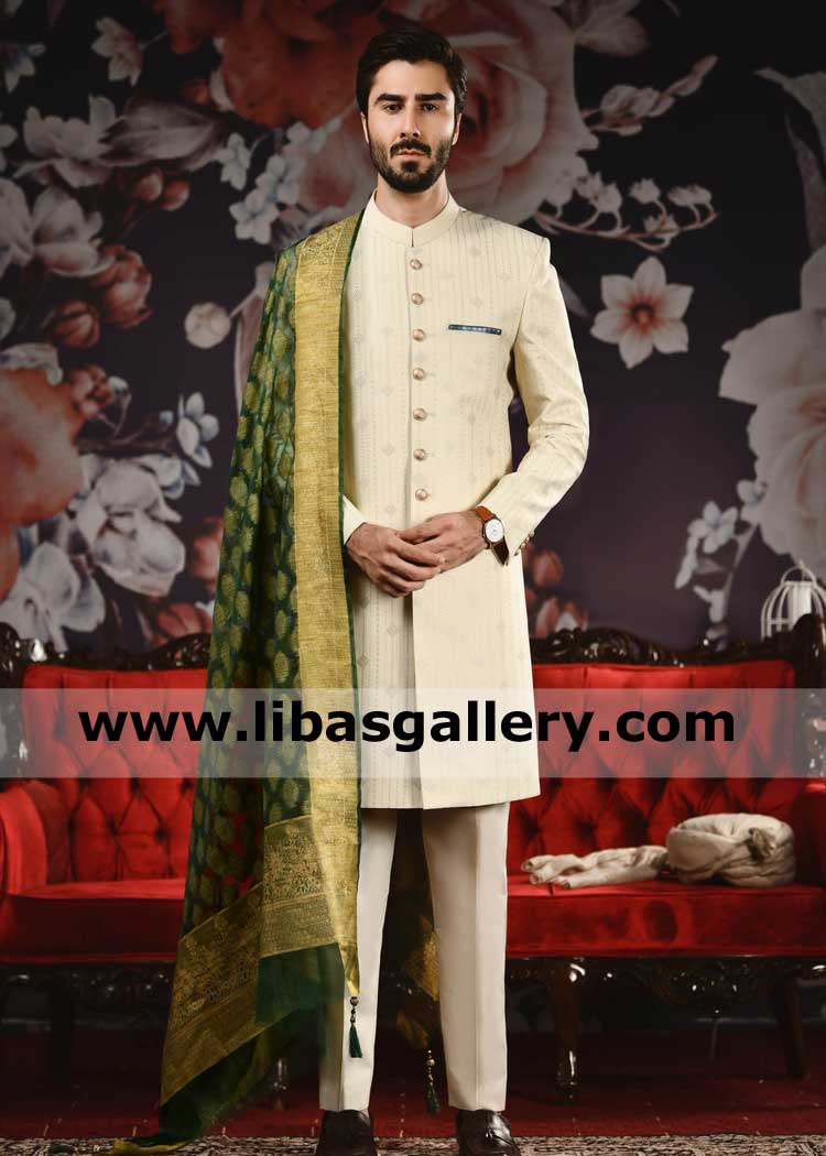 Beige Blended Fabric Men Wedding Sherwani Article