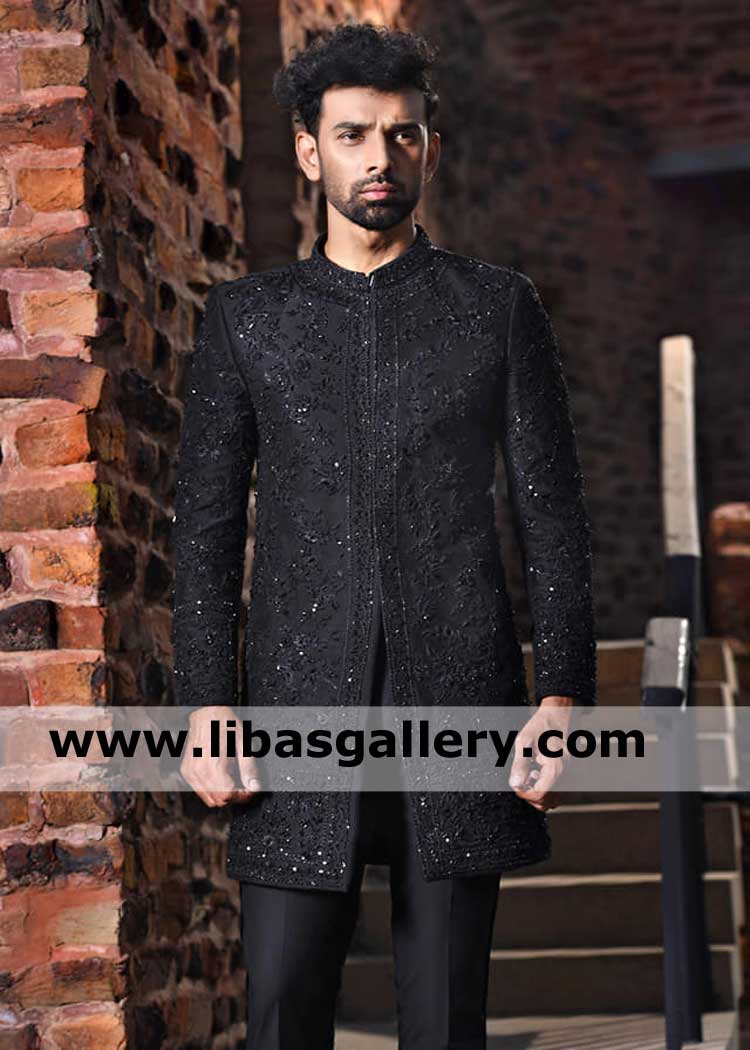 Short length Black Heavy Embroidered Men Nikah Barat Wedding Jacket