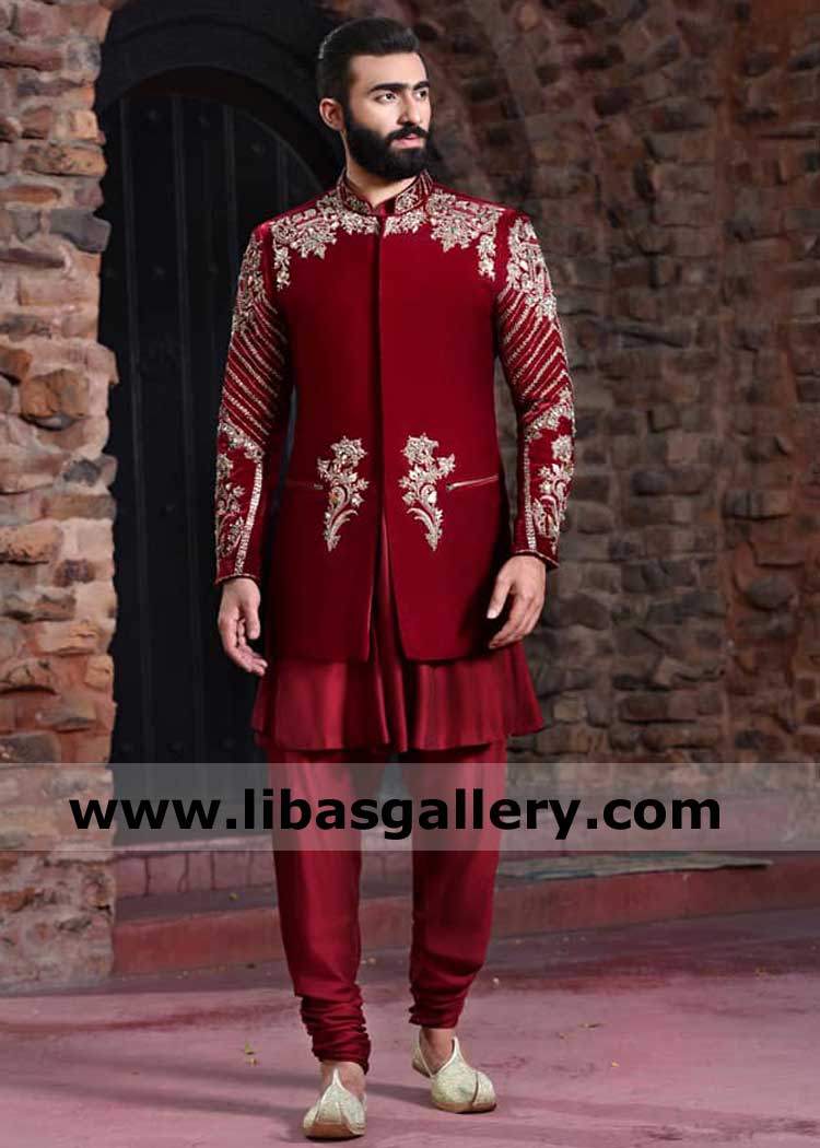 Short length indo western style Vibrant Maroon Men Wedding Jacket